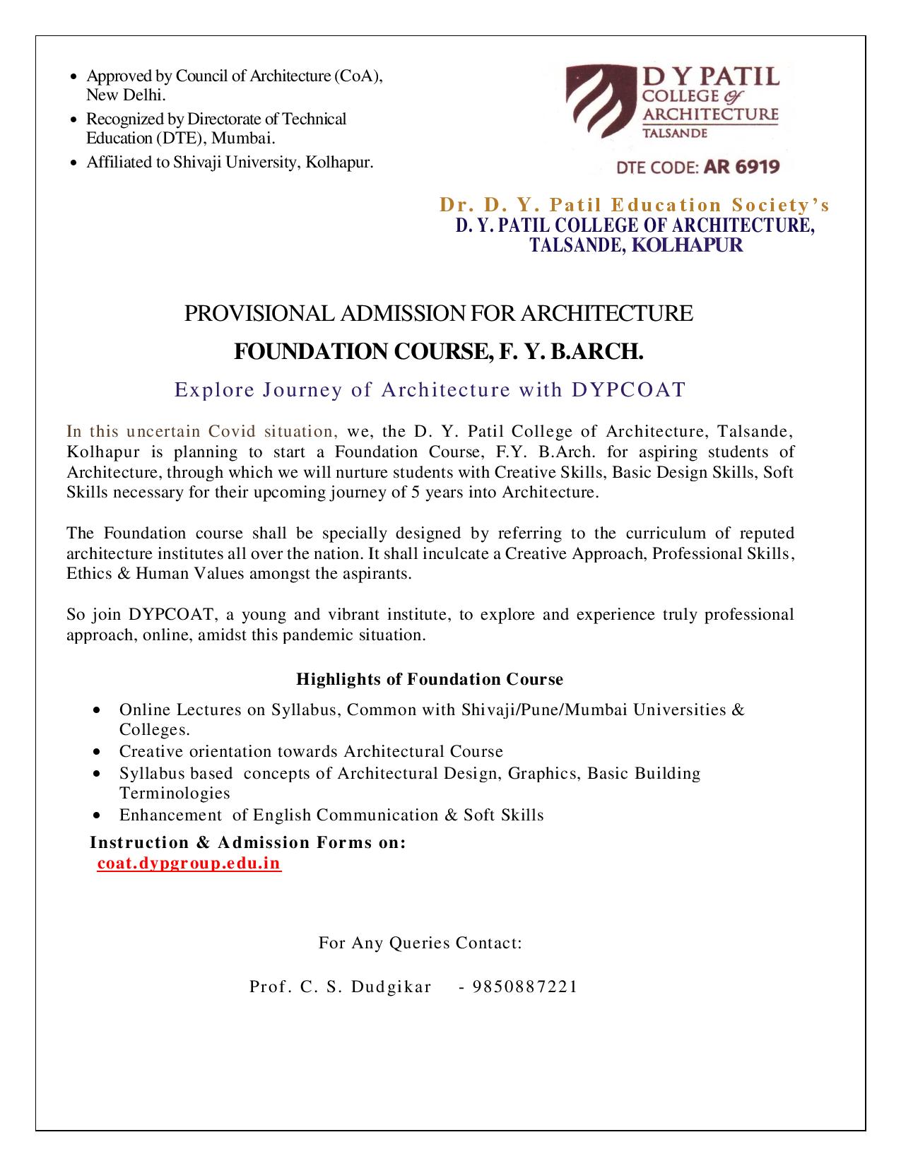 D Y P | Application For Provisional Admission In Architecture For ...